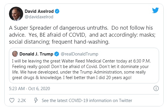Nhà hoạt động chính trị David Axelrod gọi Tổng thống Trump là Người siêu lan truyền những điều không đúng sự thật nguy hiểm.
