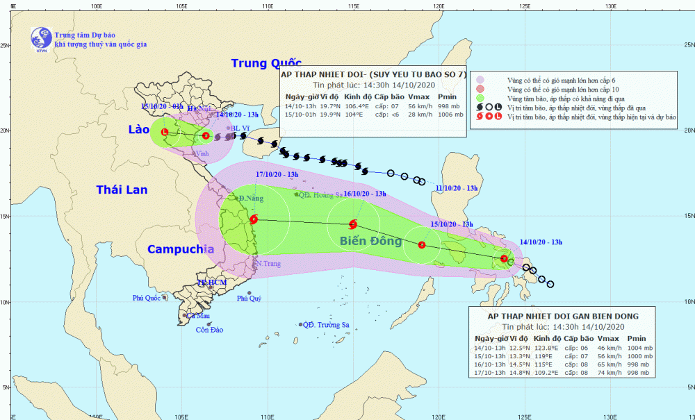Đường đi của bão số 7 và áp thấp nhiệt đới vừa xuất hiện trên biển Đông.