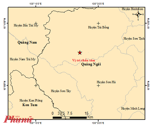 Bản đồ tâm chấn một trong 4 trận động đất ở huyện Trà Bồng, Quảng Ngãi trong ngày 14/10
