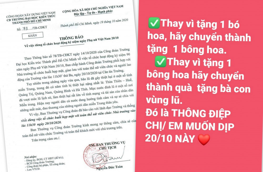 Trong bối cảnh miền Trung đang “oằn mình” trong lũ lụt, các hoạt động chào mừng 20/10 cũng trở nên tiết chế hơn