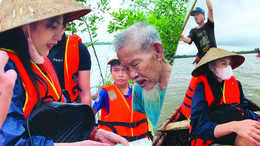 Ca sĩ Thủy Tiên - một trong những người phụ nữ bỏ chăn ấm nệm êm để lao vào rốn lũ nhằm sẻ chia với những số phận kém may mắn - Ảnh: Internet