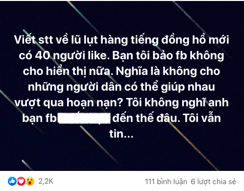 Tài khoản N.T.T bức xúc vì Facebook hạn chế tương tác của mình liên quan đến bài đăng về bão lụt miền Trung. (Ảnh chụp màn hình).