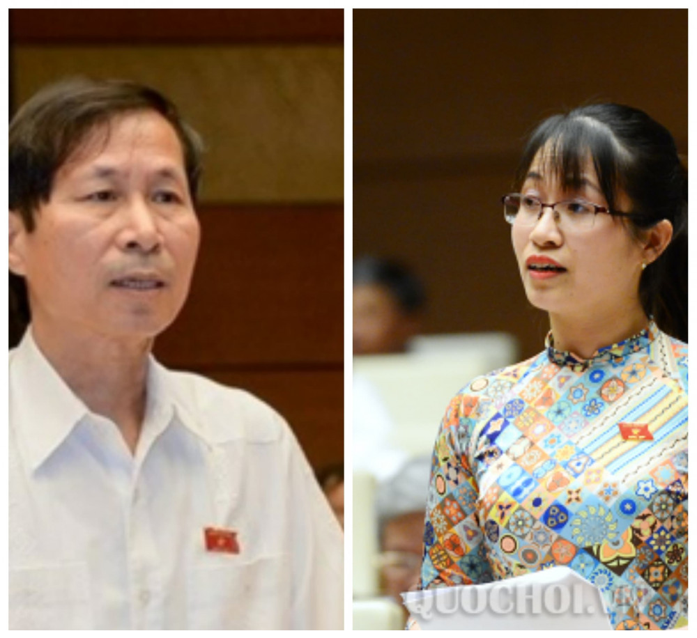 ĐBQH Bùi Văn Phương và ĐBQH Đặng Thị Phương Thảo tranh luận trên nghị trường Quốc hội về vấn đề SGK - Ảnh: Quochoi.vn
