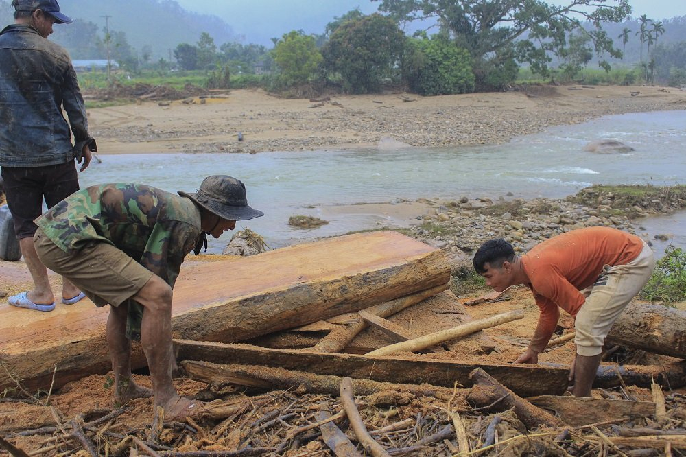Người dân thu dọn gỗ dưới sông