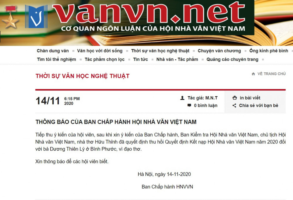 Thông báo của Ban Chấp hành Hội nhà văn Việt Nam 
