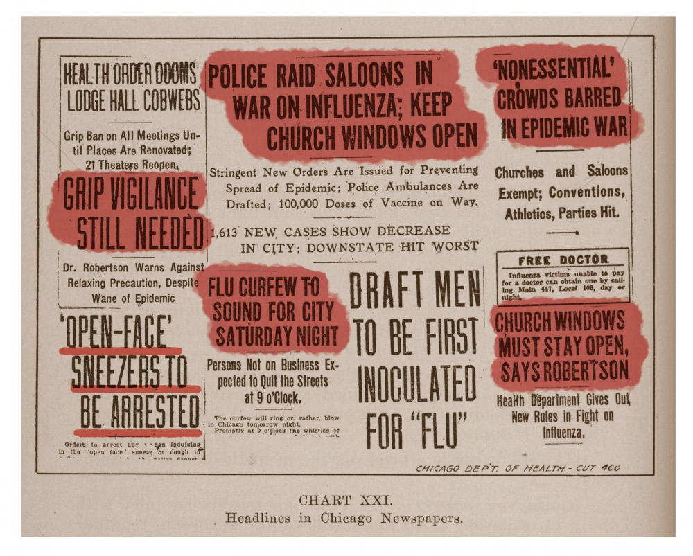Các tiêu đề báo chí liên quan đến dịch cúm trên một tờ báo năm 1918 ở Chiacago – Ảnh: USA Today/Chicago History Museum