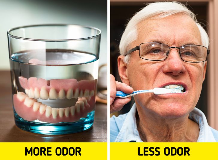 6. Vệ sinh răng miệng chung  Nước bọt là biện pháp bảo vệ tự nhiên của chúng ta chống lại hơi thở có mùi, và càng lớn tuổi, miệng càng ít tiết ra nước bọt. Khi bắt đầu đeo răng giả, chúng ta cũng tăng khả năng đưa vi khuẩn xấu vào miệng, ngay cả khi chúng được vệ sinh thường xuyên.  Bệnh nướu răng phổ biến hơn nhiều ở những người lớn tuổi, có thể gây hôi miệng và ảnh hưởng đến mùi cơ thể tổng thể của bạn.