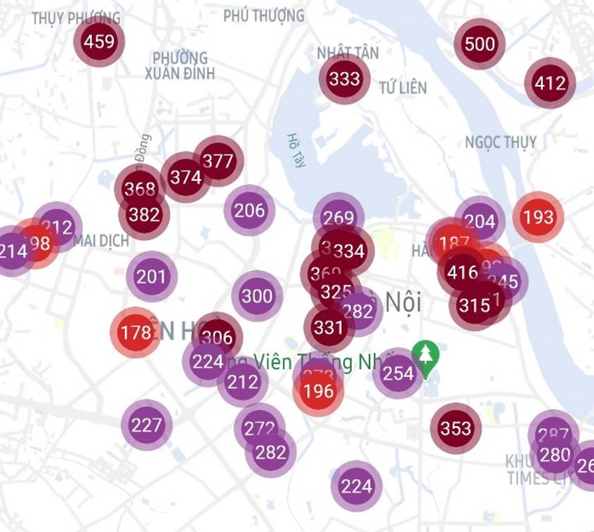Vào thời điểm 6g30 ngày 11/12, dữ liệu quan trắc của ứng dụng đo lường chất lượng không khí PAM Air cho thấy, chỉ số ô nhiễm của một số khu vực nội thành Hà Nội đang ở mức rất kém cho đến nguy hại.