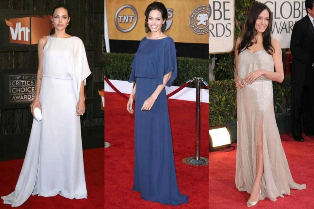 Năm 2009, Angelina Jolie tham gia nhiều sự kiện. Cô thường chọn đầm lụa suông rộng kín đáo. 