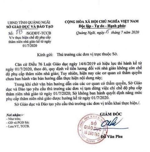 Văn bản tạm dừng chi trả phụ cấp thâm niên nhà giáo 