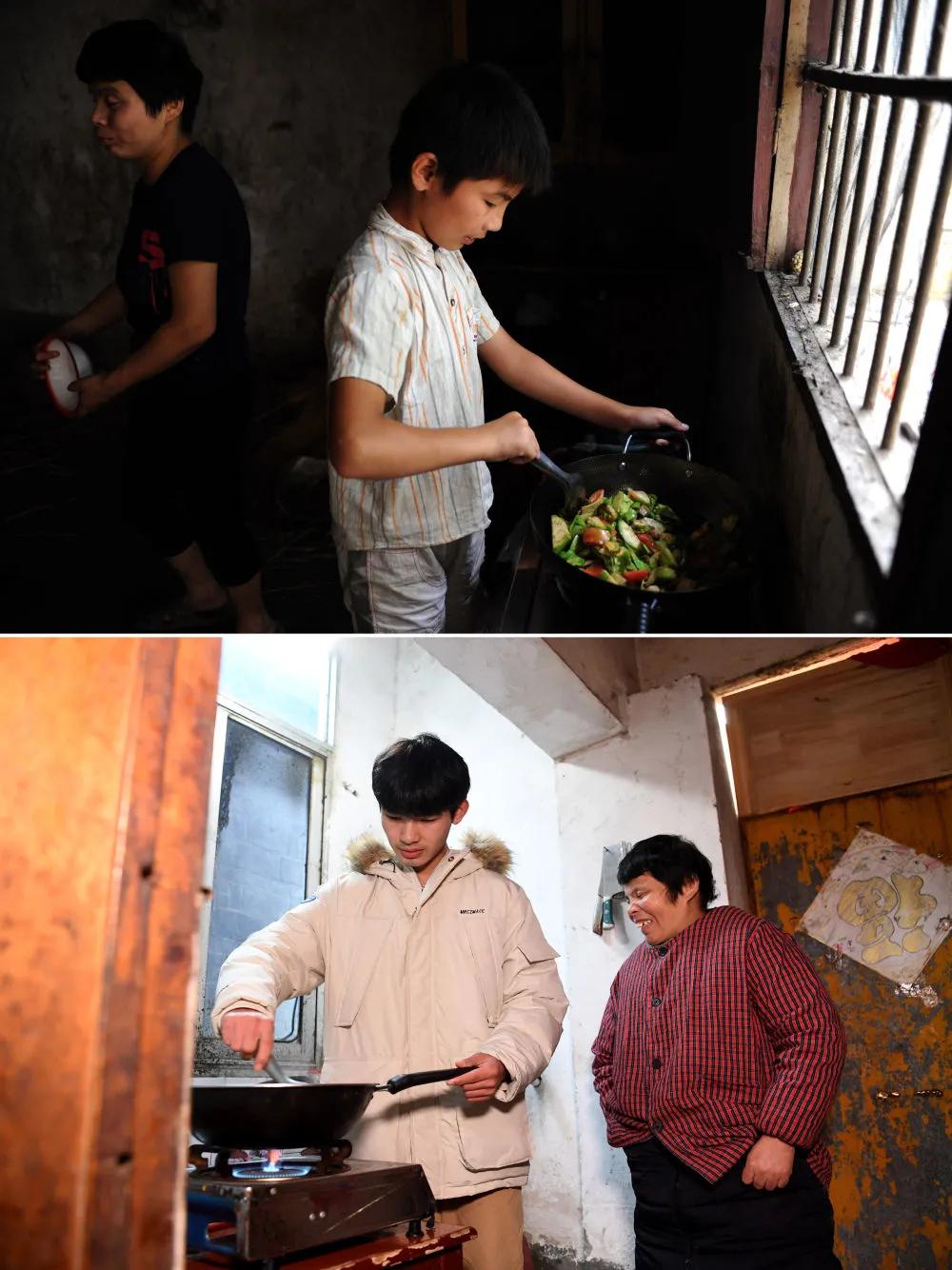 Cheng Jiu và mẹ của anh ấy đang nấu ăn trong nhà bếp của ngôi nhà cũ (ảnh chụp ngày 15 tháng 7 năm 2014); ảnh dưới đây: Cheng Jiu và mẹ anh ấy đang chuẩn bị bữa trưa trong nhà bếp của ngôi nhà cho thuê (ảnh chụp ngày 24 tháng 1). Ảnh của Tân Hoa Xã phóng viên Liu Junxi 