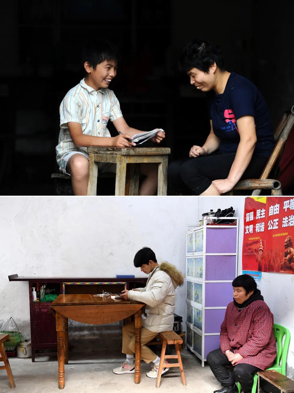 Hình trên là: Cheng Jiu đang làm bài tập hè với mẹ (chụp ngày 15 tháng 7 năm 2014); hình bên dưới là: Cheng Jiu đang ôn bài ở nhà (chụp ngày 24 tháng 1). Ảnh của Tân Hoa Xã phóng viên Liu Junxi 