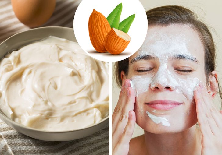 Tẩy tế bào chết bằng hạnh nhân và mayonnaise: Cách làm này có thể hiệu quả với da rất khô vì mayonnaise có tác dụng nuôi dưỡng da. Xay 1/4 cốc (40 g) hạnh nhân trong máy xay sinh tố trước khi trộn với 1/8 thìa sốt mayonnaise. Nhẹ nhàng xoa bóp khuôn mặt của bạn với hỗn hợp, đảm bảo rằng bạn không bỏ sót bất kỳ điểm nào. Giữ nguyên trong 10 phút trước khi rửa sạch bằng nước ấm.