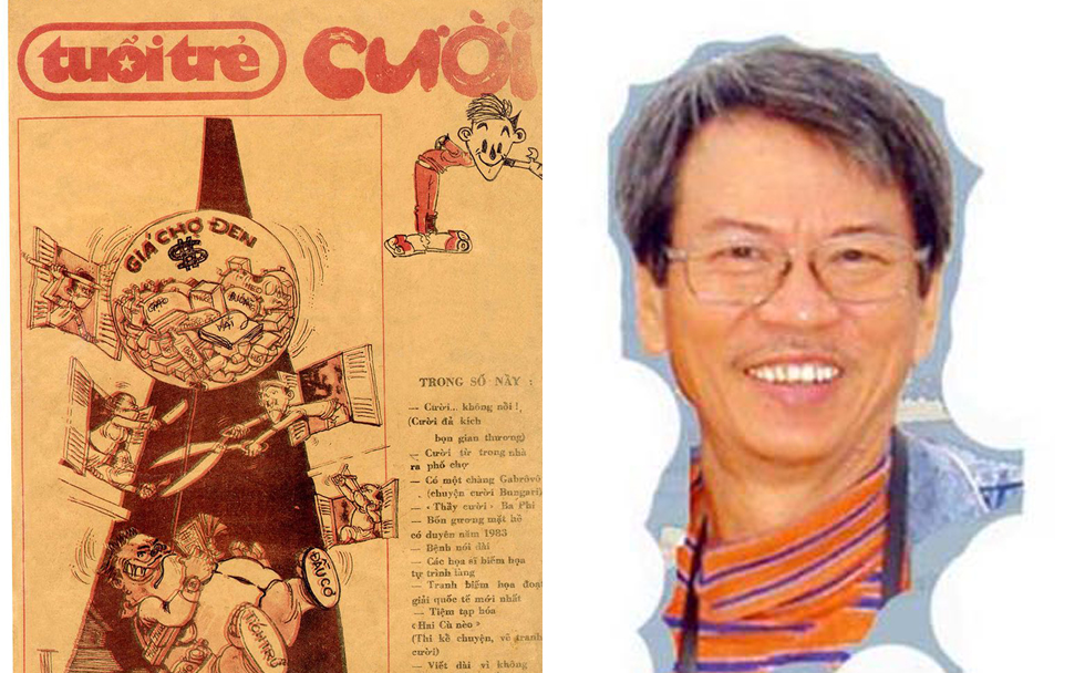 Hoạ sĩ Nguyễn Tài (phải) và tranh của ông trên Tuổi Trẻ Cười số đầu tiên (tháng 1/1984)