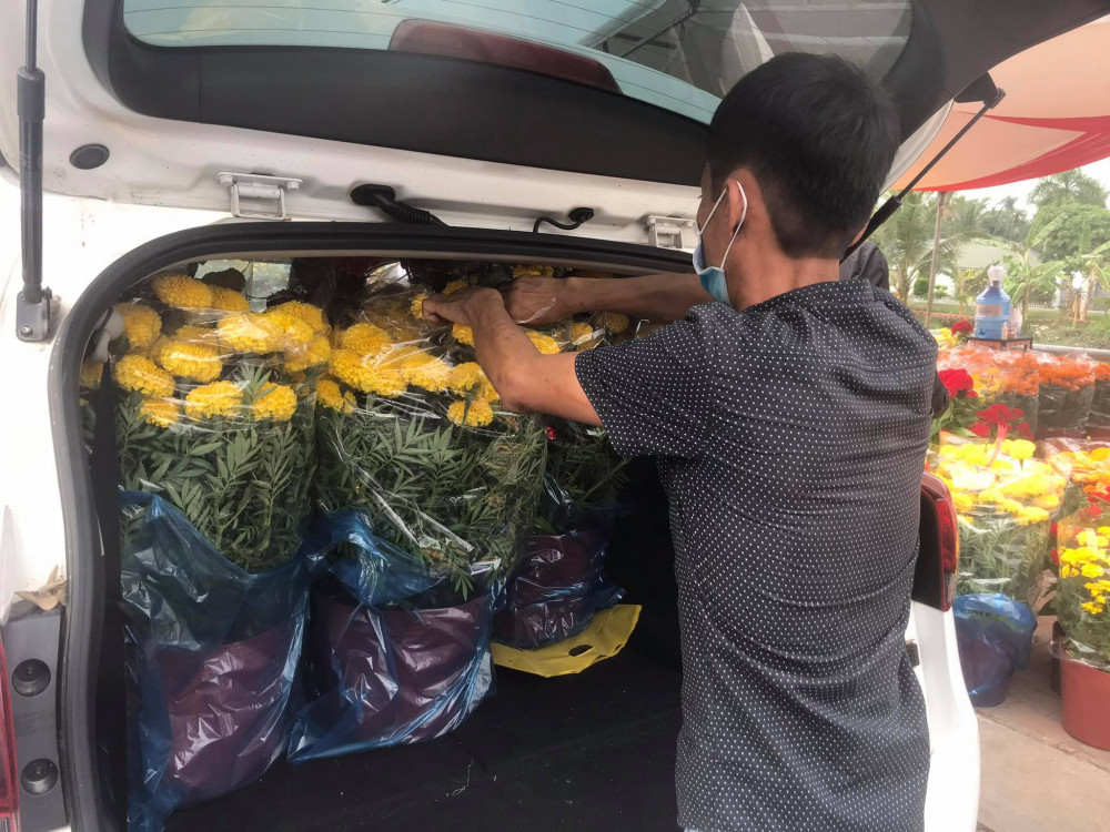 Chủ vựa hoạ chất hàng chục chậu hoa cúc lên ô tô cho một nữ khách hàng