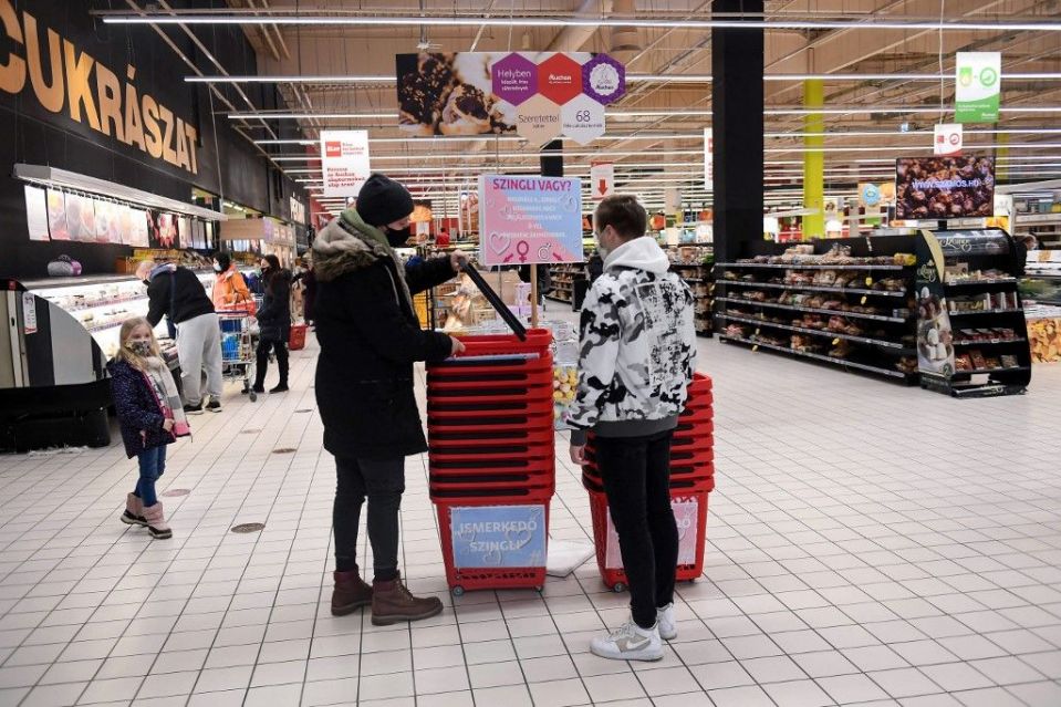 Hai thanh niên độc thân nhặt giỏ mua sắm bằng nhựa tại một siêu thị Auchan ở thị trấn Csomor, Hungary