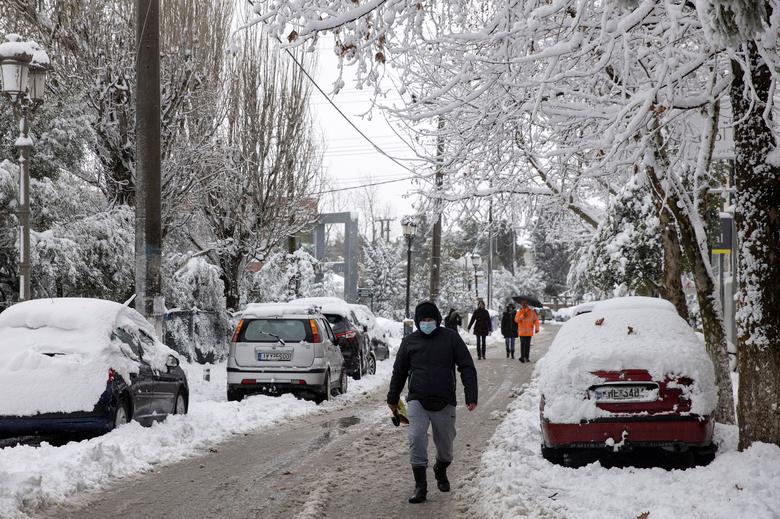 Cây cối, xe cộ ở ngôi làng Krioneri, Hy Lạp được phủ màu trắng của tuyết.