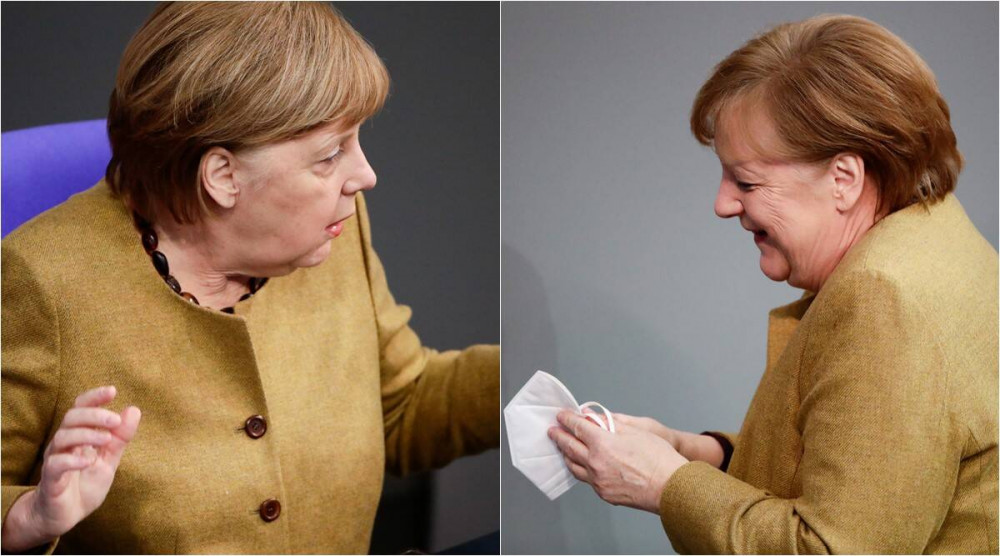 Khoảnh khắc hốt hoảng của bà Angela Merkel khi phát hiện mình quên khẩu trang sau khi kết thúc phần phát biểu - Ảnh: Reuters