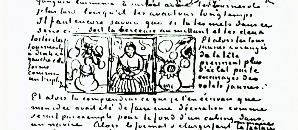 Bản ký họa trong một bức thư của Vincent van Gogh cho thấy hai phiên bản Hoa hướng dương kết hợp cùng tác phẩm Người phụ nữ đưa nôi