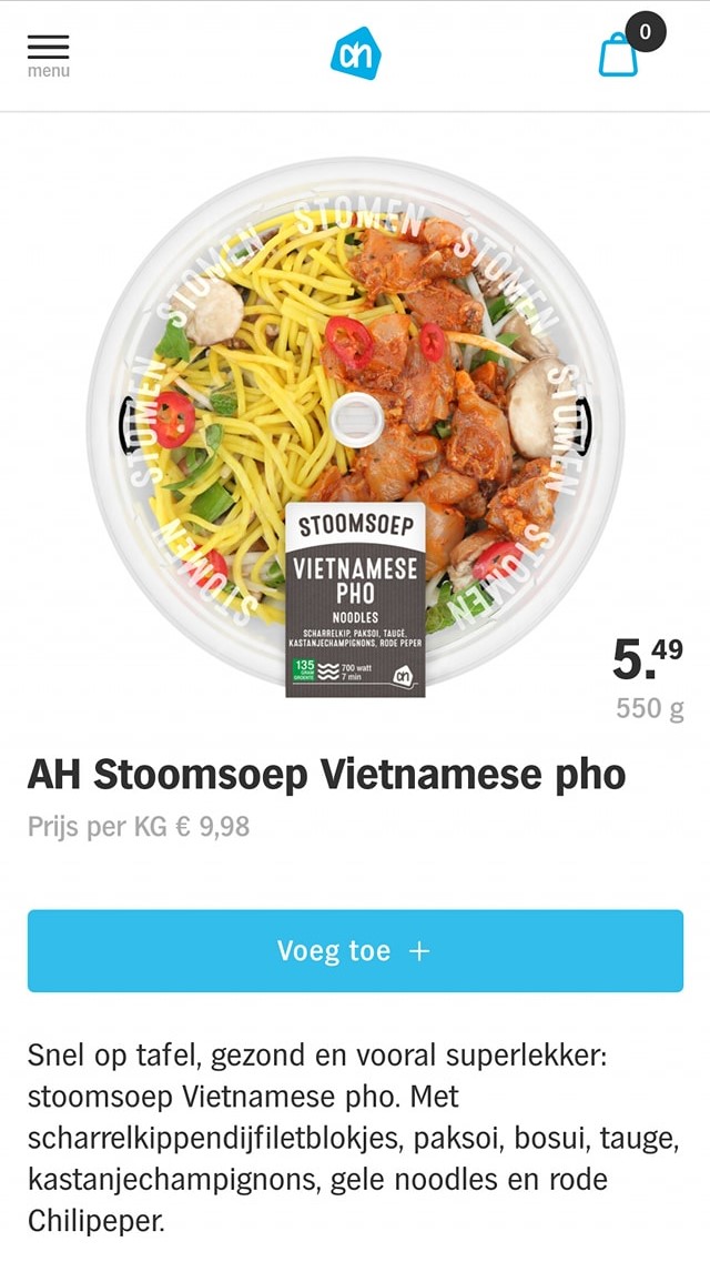 Sản phẩm Phở Việt Nam được siêu thị AH bán ra với giá 9.98 Euro (khoảng 280.000 đồng) 