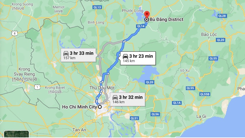 Hướng từ TPHCM đi rừng cao su Bù Đăng (Bình Phước). Ảnh chụp màn hình Google Maps