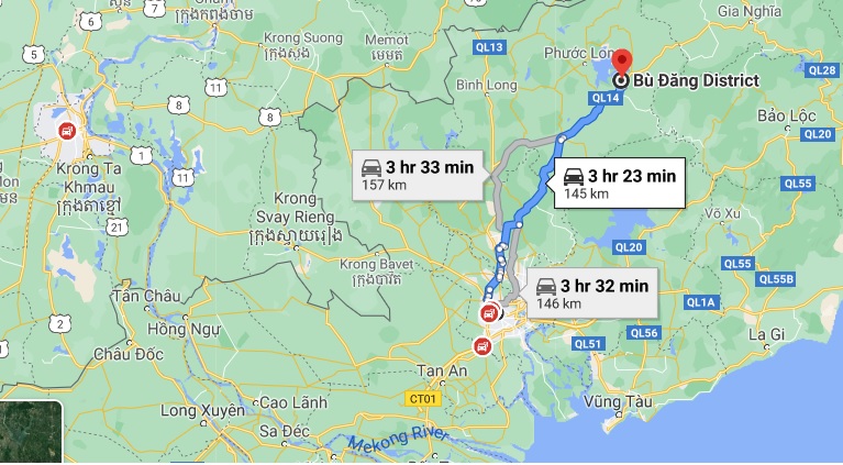Đường đi từ TPHCM đến Dầu Tiếng, Bình Phước. Ảnh chụp màn hình Google Maps.