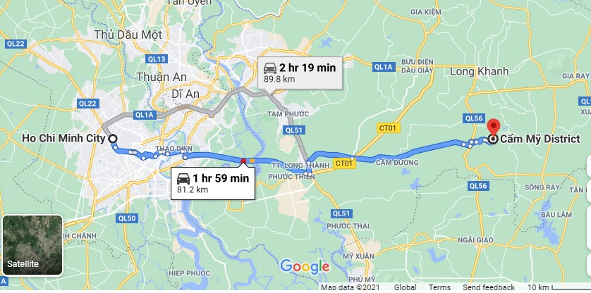 Cung đường từ TPHCM đi Cẩm Mỹ, Đồng Nai. Ảnh chụp màn hình Google Maps. 