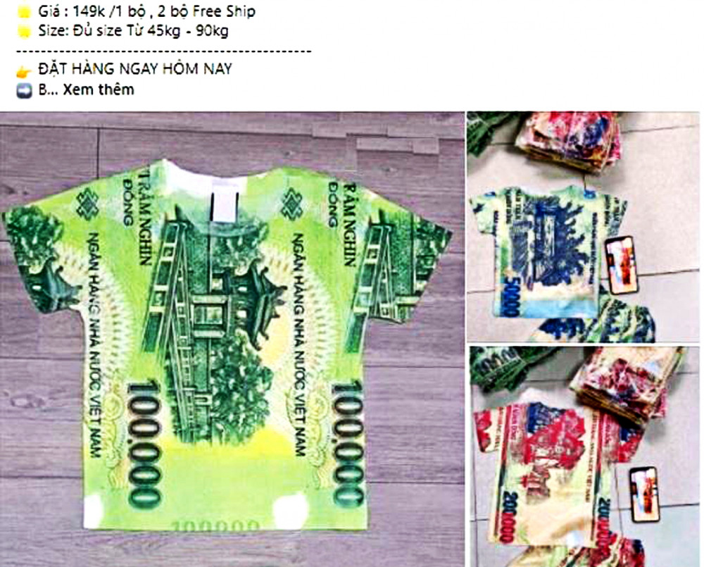 Quần áo in hình tiền được rao bán trên mạng xã hội với giá 120.000 - 180.000 đồng/bộ