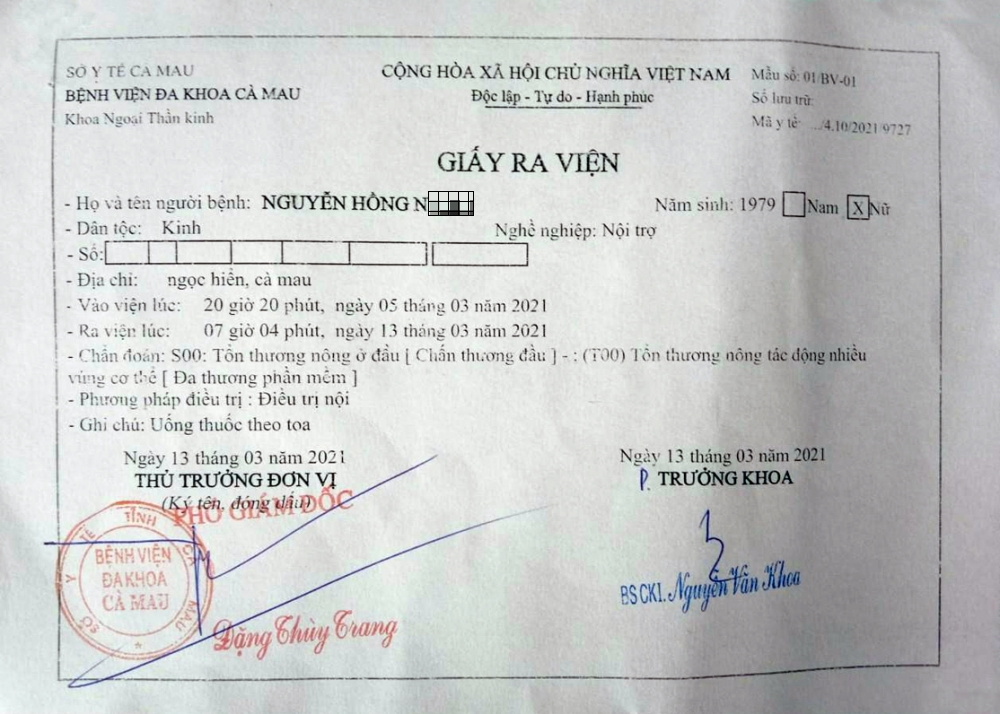 Chị Nguyễn Hồng N. phải nằm viện điều trị đa chấn thương 9 ngày vì bị gia đình chồng cũ đánh giã man khi chị đến thăm con