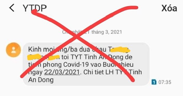 Tin nhắn thông báo người dân Quảng Ngãi đi tiêm phòng vaccine ngừa COVID-19 do lỗi hệ thống