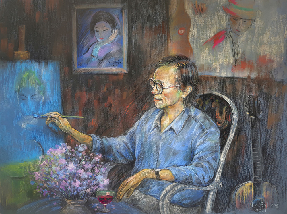 Bức tranh mang tên Tôi đang lắng nghe khắc hoạ khoảnh khắc nhạc sĩ Trịnh Công Sơn vẽ tranh