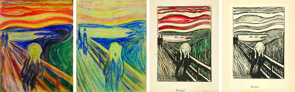 Các phiên bản Tiếng thét của Edvard Munch. Từ trái sang: phiên bản tô màu thực hiện vào khoảng năm 1910, phiên bản màu phấn từ năm 1893 và hai bức tranh thạch bản từ năm 1895