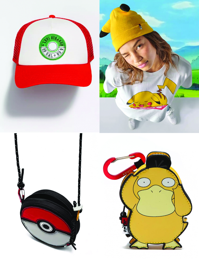 Bên cạnh trang phục, Levi’s ra mắt loạt phụ kiện nón, móc khóa, túi đeo vai kiểu dáng năng động theo phong cách Pokémon - Ảnh: Levi’s