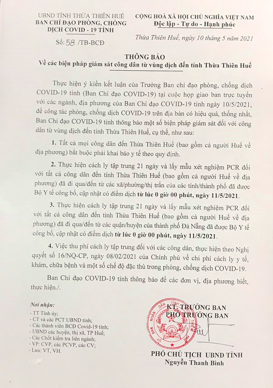 Tỉnh Thừa Thiên - Huế sẽ áp dụng theo thông báo số 58 của Ban chỉ đạo phồng chống dịch COVID-19