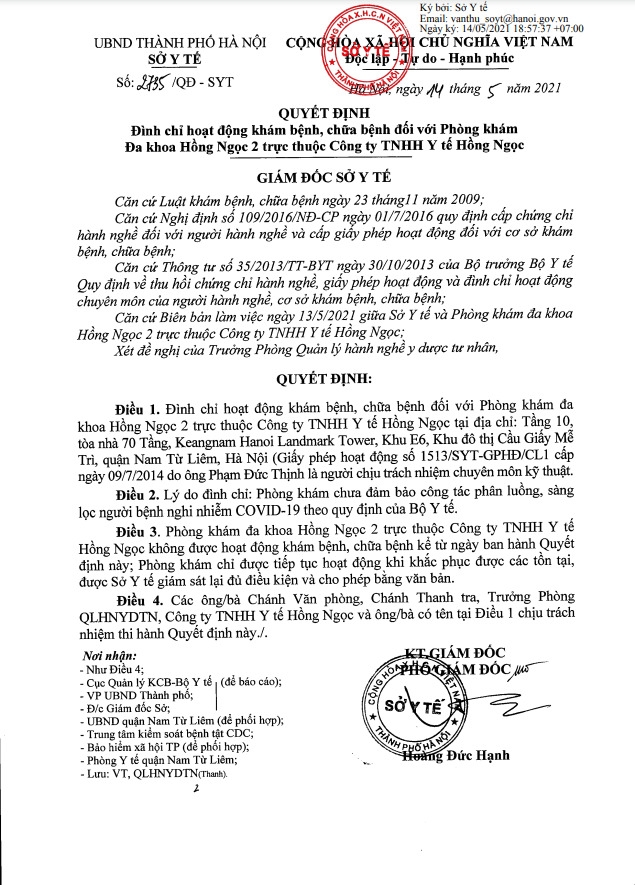 Quyết định đình chỉ hoạt động khám, chữa bệnh đối với Phòng khám Đa khoa Hồng Ngọc 2 (tầng 10, Toà nhà 70 tầng Keangnam Hanoi) 