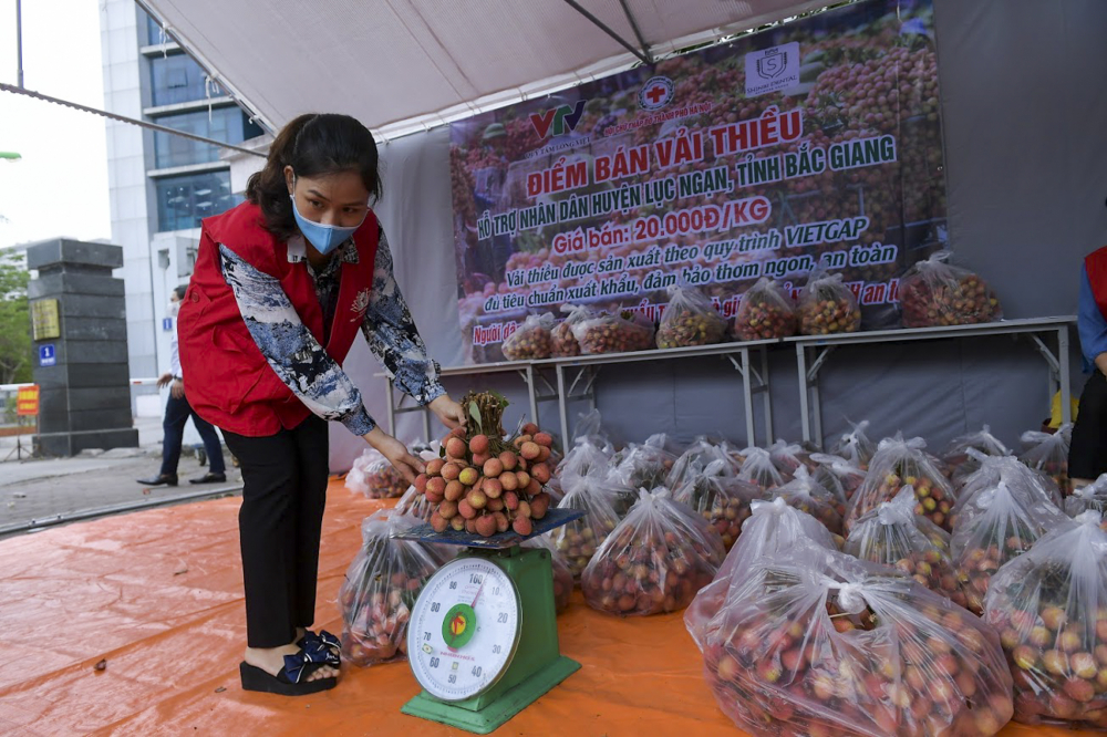  Theo ghi nhận của P.V tại số 1 Tôn Thất Thuyết (Hà Nội) là 1 điểm bán vải thiều hỗ trợ bà con nông dân Bắc Giang, có khoảng 1 tấn vải thiều ở đây được bán với mức giá 20.000VNĐ/1kg.