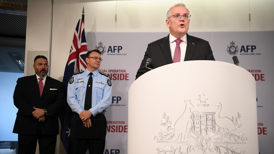 Thủ tướng Úc Scott Morrison phát biểu trong cuộc họp báo, ngày 8/6.
