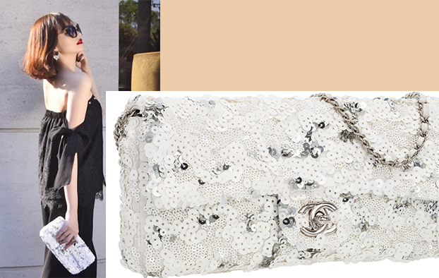 Chanel white & silver sequin east west flap bag limited