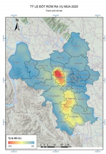 Bản đồ về tỷ lệ đốt rơm rạ vụ mùa 2020 tại TP. Hà Nội