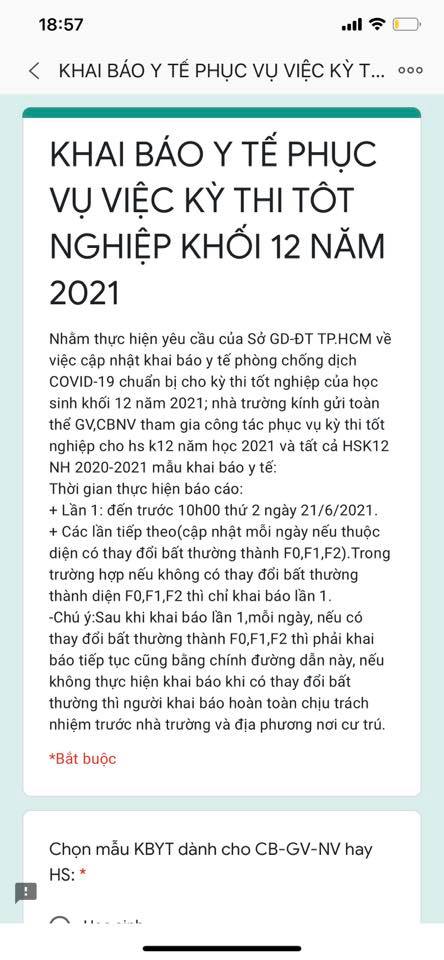 Những giáo viên, học sinh lớp 12 tham gia kỳ thi tốt nghiệp THPT 2021 được yêu cầu khai báo y tế