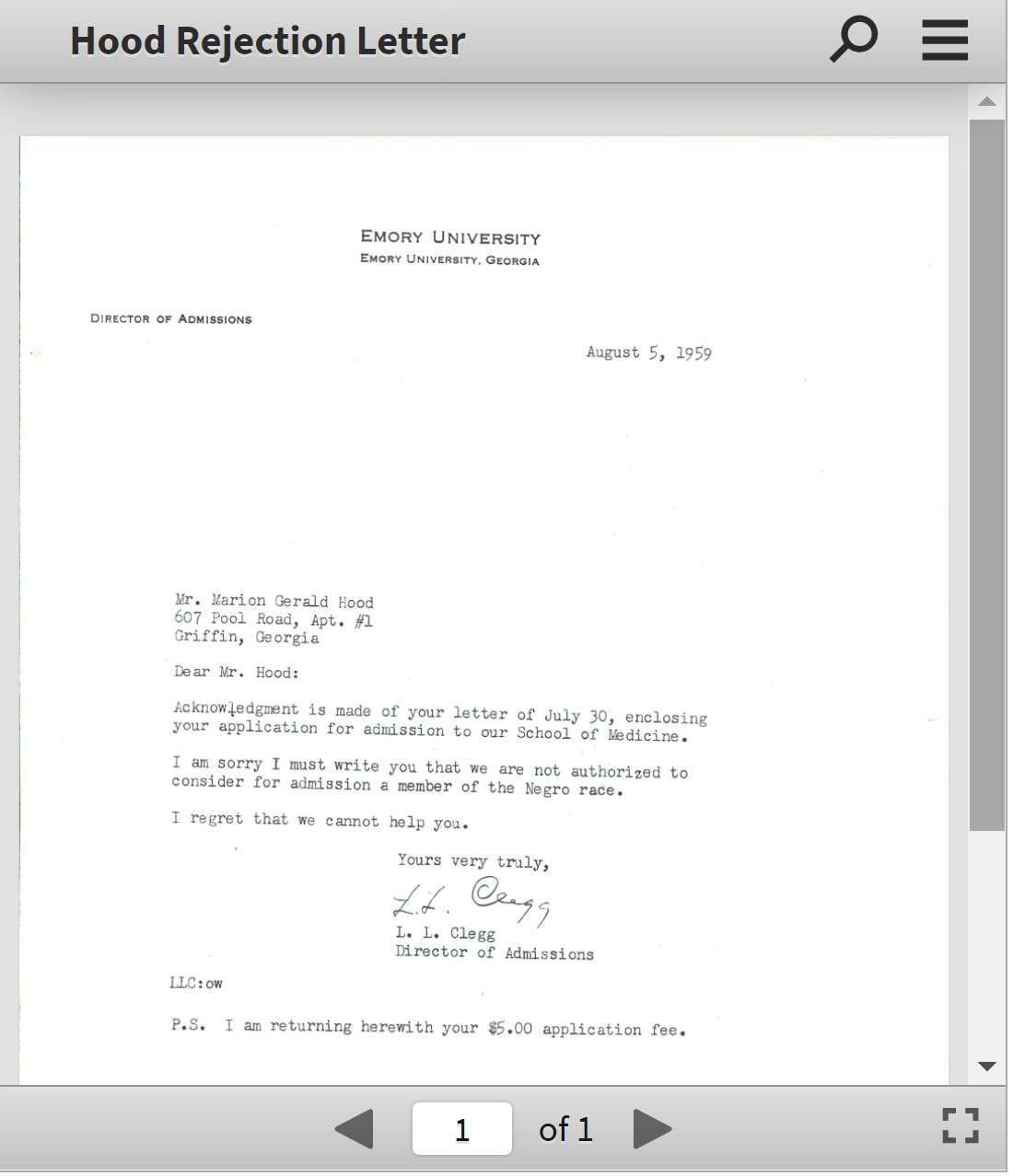 Lá thư từ chối của Đại học Emory gửi ông Hood vào năm 1959 - Ảnh: AJC