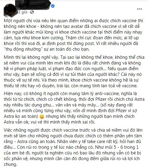 Chia sẻ của một chủ quán cà phê có tiếng ở Thành phố Hồ Chí Minh về quan điểm đang gây tranh cãi trên mạng xã hội quanh việc tiêm vaccine. Ảnh: facebook