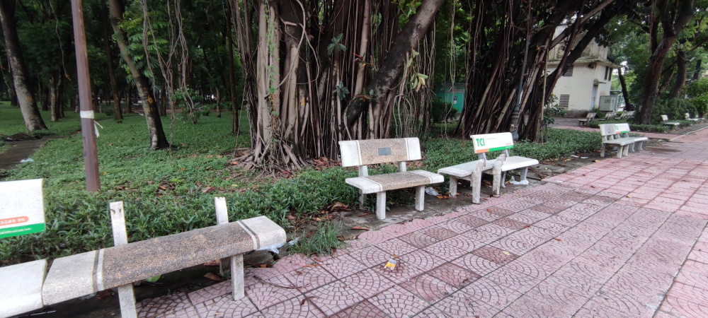 Các ghế đá trong công viên cũng bị gãy, trơ khung sắt nhưng không được sửa chữa.
