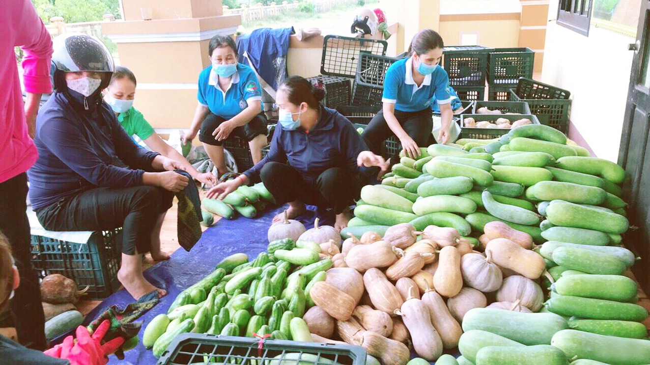 Hội viên phụ nữ xã Hồng Thủy gom góp rau củ từ các thôn xóm cho chương trình “Củ quả quê hương hướng về vùng dịch” - Ảnh: Đỗ Lan