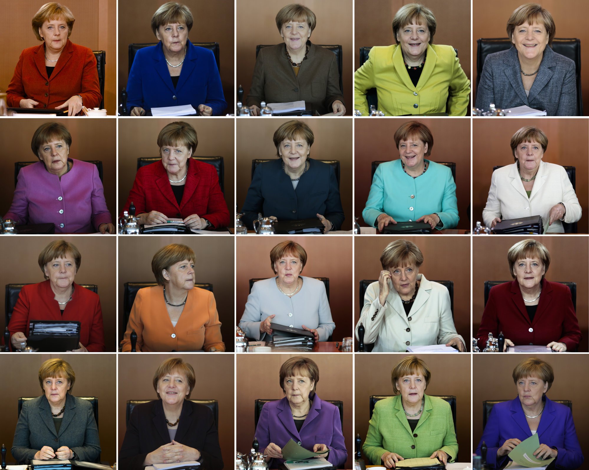 Xuyên suốt những năm qua tại các cuộc họp nội các hàng tuần của chính phủ, bà Angela Merkel đã có cho riêng mình bộ sưu tập áo khoác phong phủ đủ màu sắc bên cạnh mái tóc ngắn đặc trưng của bà. Bà từng cho biết, bà không bảo thủ song mái tóc ngắn, mái bằng là kiểu tóc giúp bà thấy thoải mái và hợp nhất.