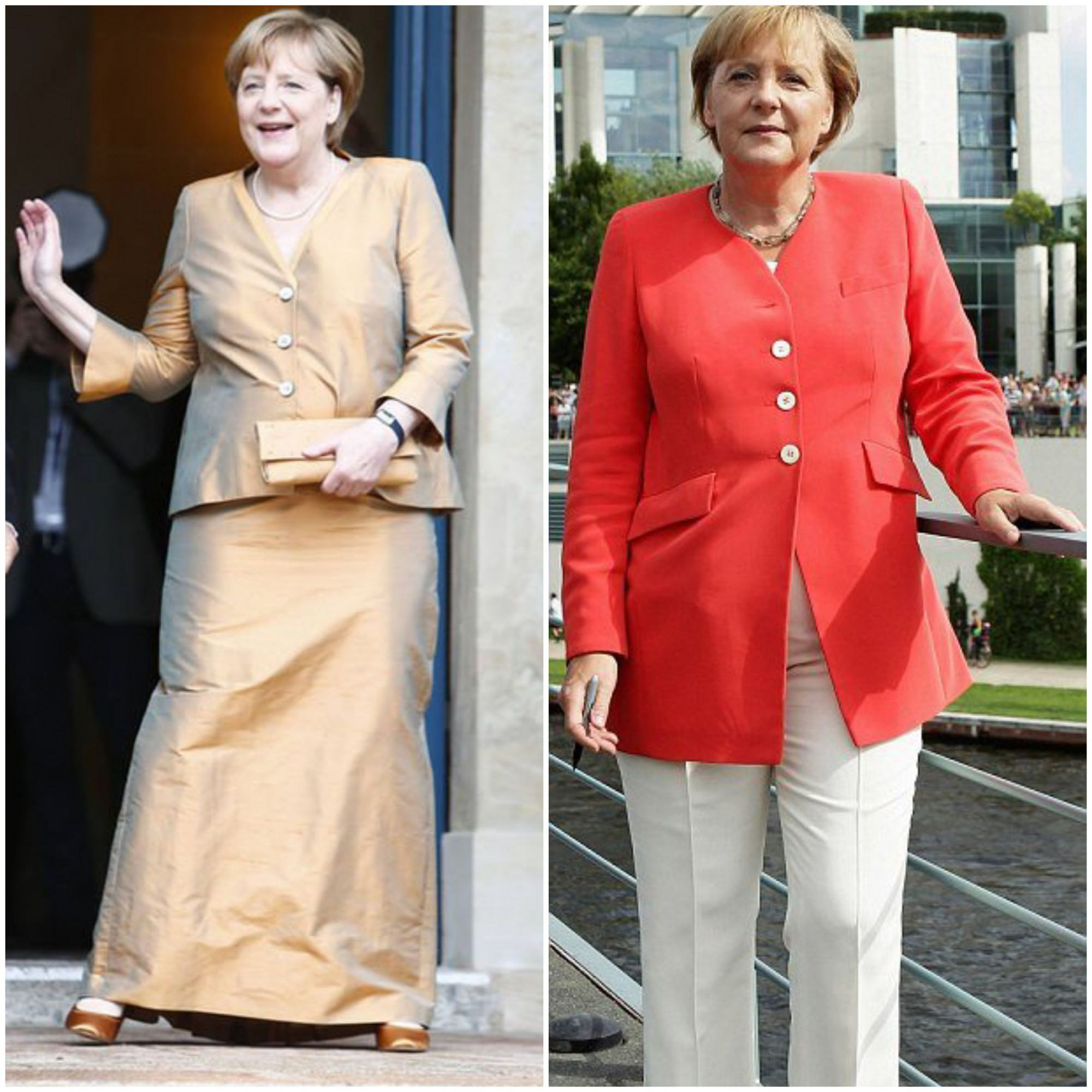 Thủ tướng ưa chuộng hai kiểu phối đồ, một là trang phục gồm áo vest lửng và váy đuôi cá tôn dáng, hai là áo vest dài và quần ống rộng.