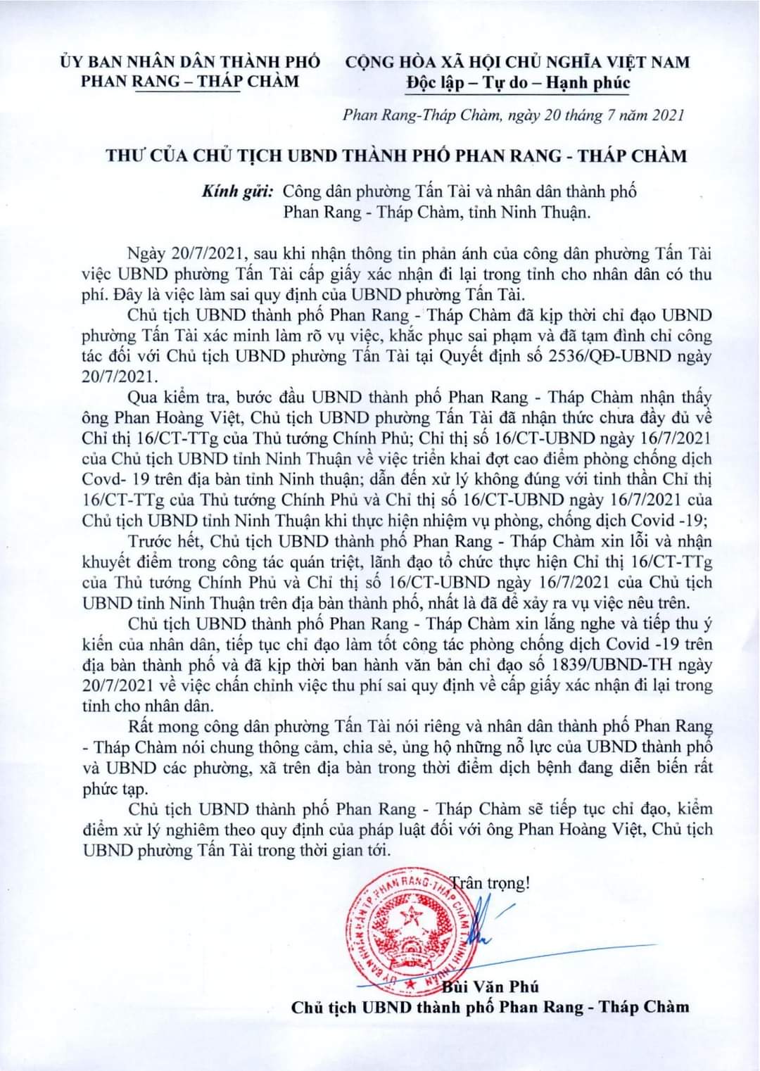 Thư xin lỗi của Chủ tịch UBND TP Phan Rang - Tháp Chàm.