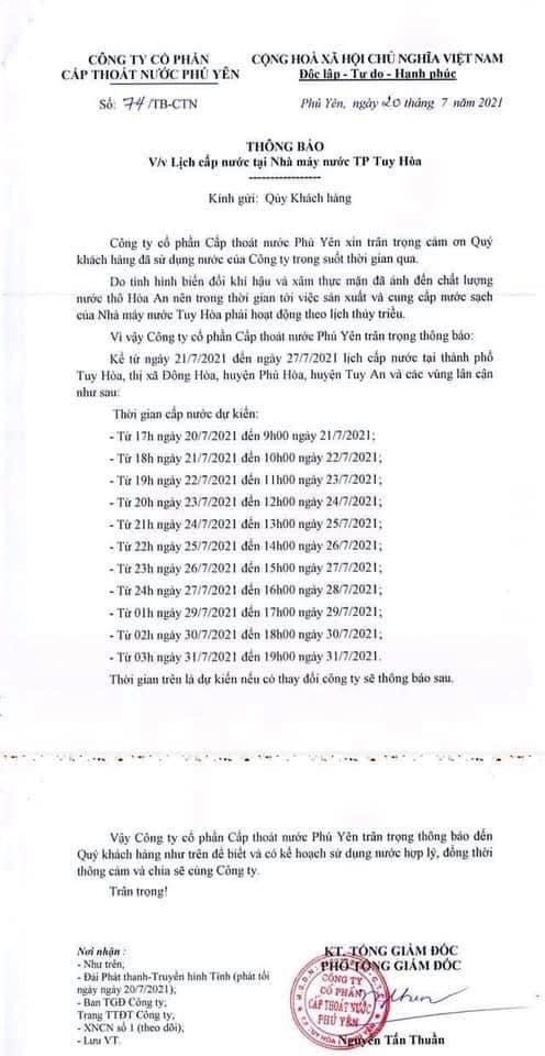 Thông báo lịch cấp nước của Nhà máy nước Tuy Hòa  