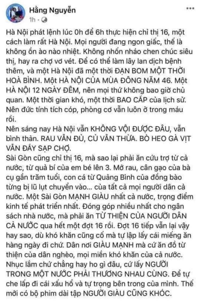 Status trên Facebook “Hằng Nguyễn” có nội dung phân biệt vùng miền