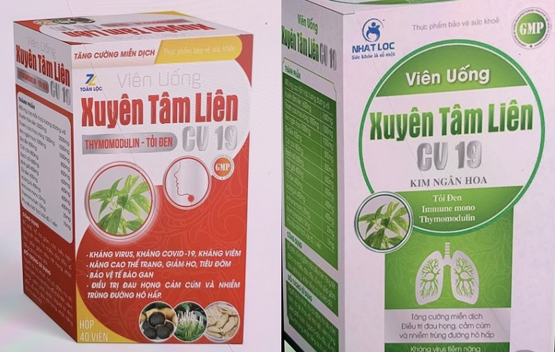 Sản phẩm thực phẩm chức năng Xuyên Tâm Liên CV19 với logo Toàn Lộc (vỏ hộp màu đỏ) và Xuyên Tâm Liên CV19 với logo Nhất Lộc (vỏ hộp màu xanh lá cây)